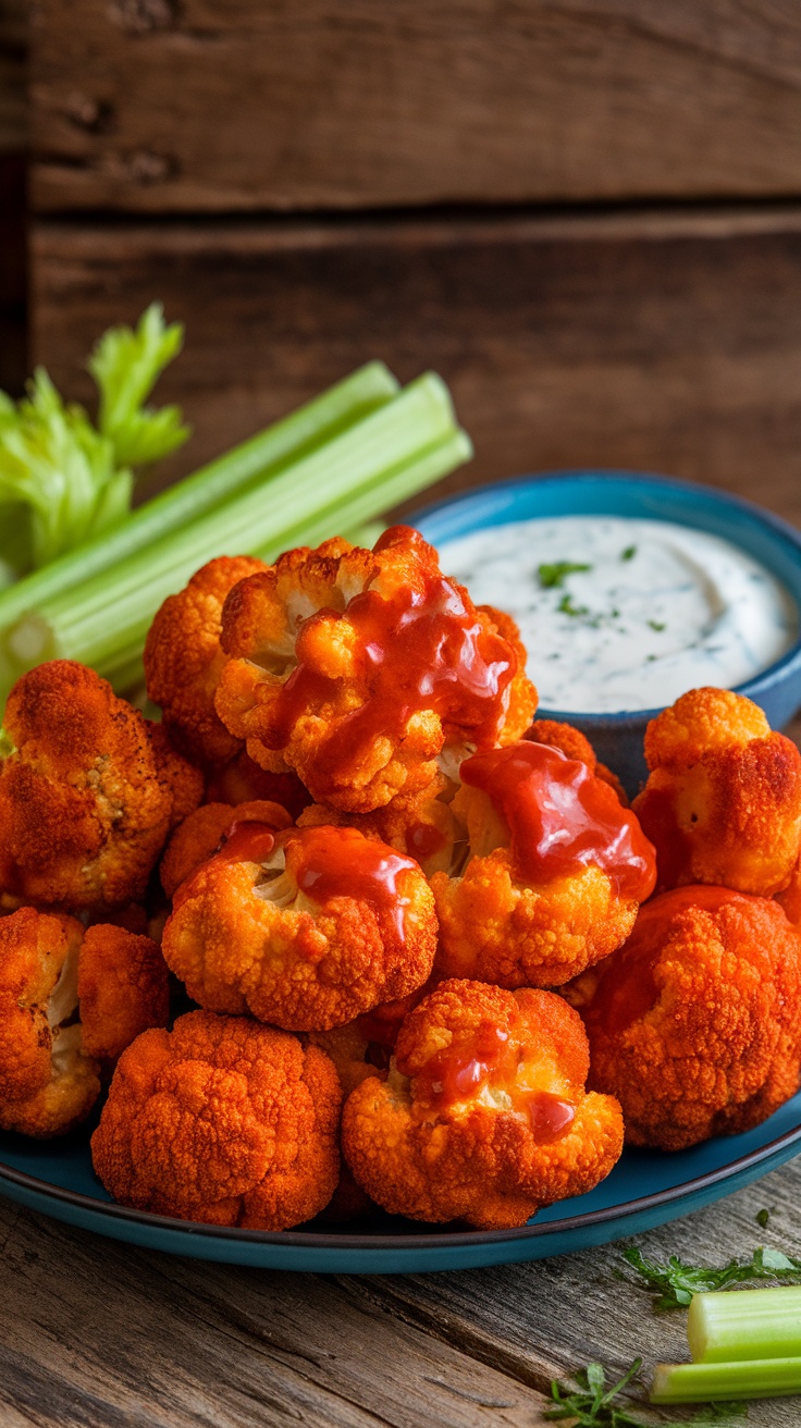 Crispy buffalo cauliflower bites served with celery sticks and ranch dressing on a wooden table.